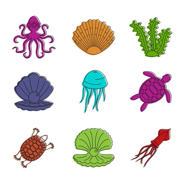 Ensemble d'icônes de créature marine, style contour couleur — Image vectorielle