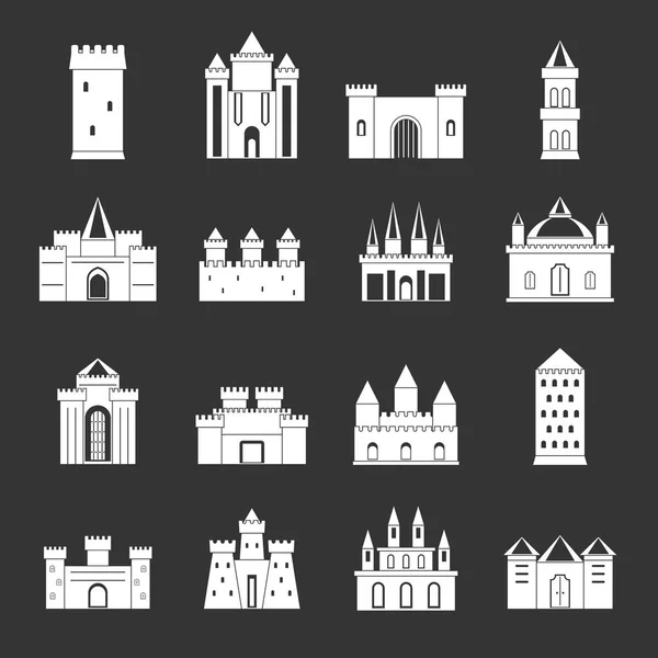 Torres e castelos ícones definir vetor cinza — Vetor de Stock