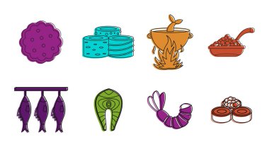 Gıda Icon set balık, anahat stili renk