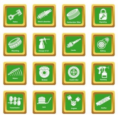 Yeşil kare vektör araba tamir parçaları Icons set