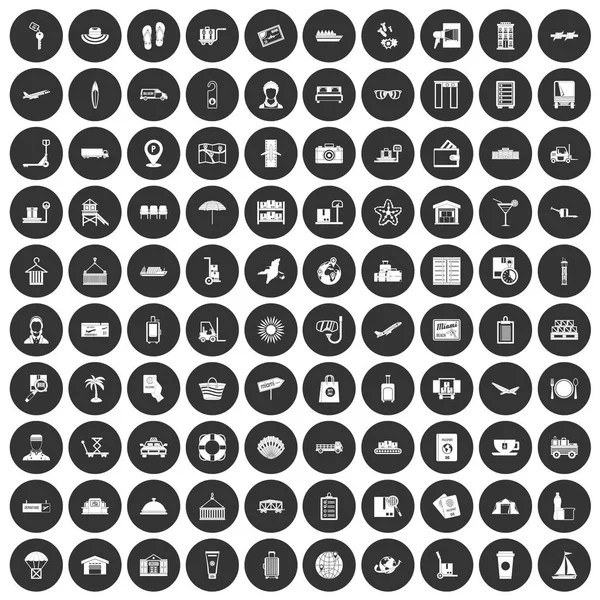 100 zavazadla ikony nastavit černý kruh — Stockový vektor