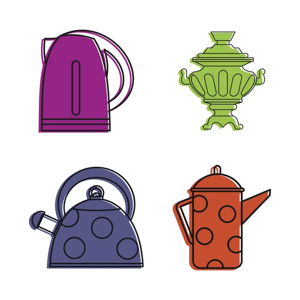 Ensemble d'icônes de bouilloire, style contour couleur — Image vectorielle
