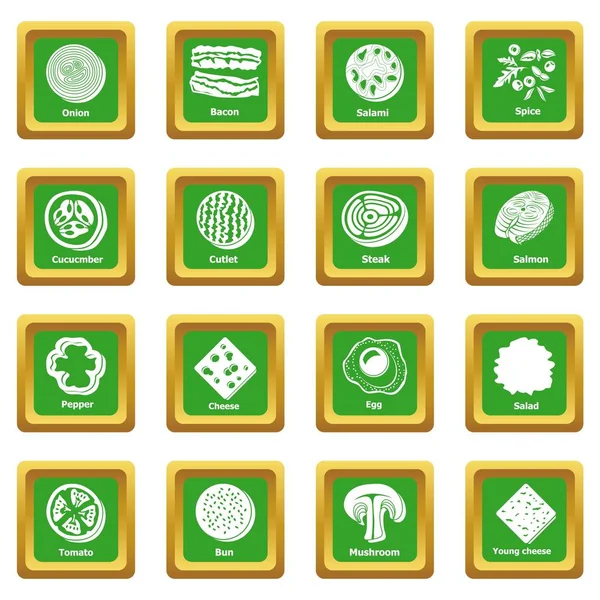Ícones de comida de fatia conjunto verde vetor quadrado —  Vetores de Stock