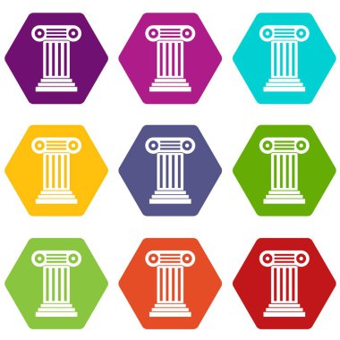 Renk altı yüzlü Roma sütun Icon set