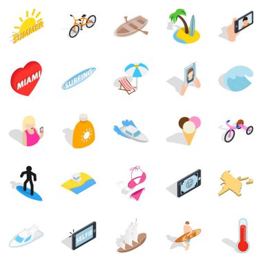 Beach Eğlence Icons set, izometrik stili