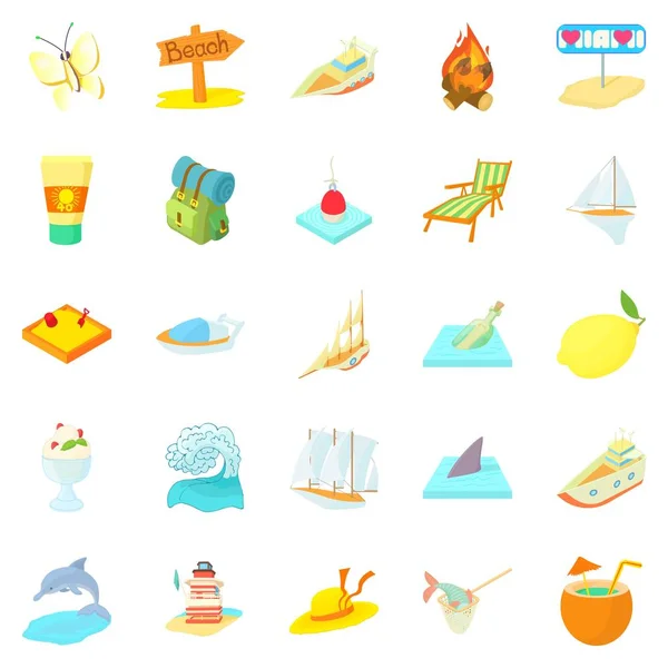 Set di icone isola tropicale, stile cartone animato — Vettoriale Stock