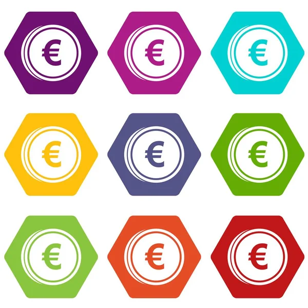 Euro pièces icône ensemble couleur hexaèdre — Image vectorielle