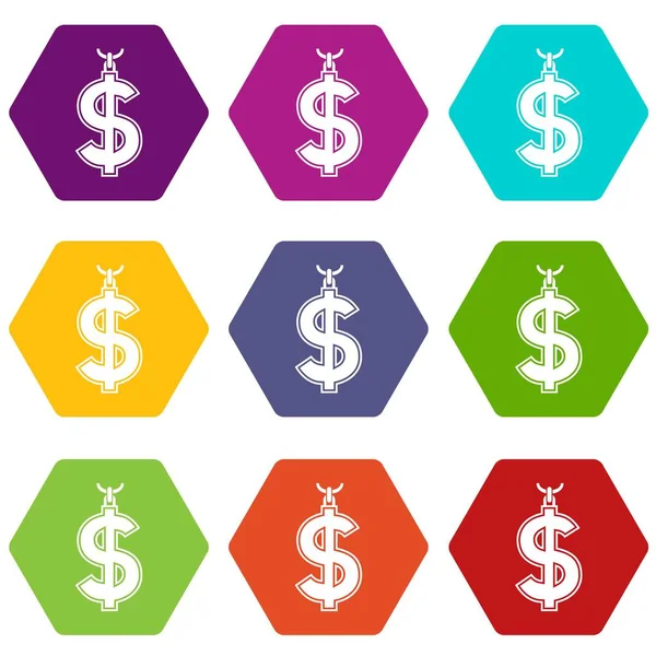 Collana di simbolo del dollaro icona set colore esaedro — Vettoriale Stock