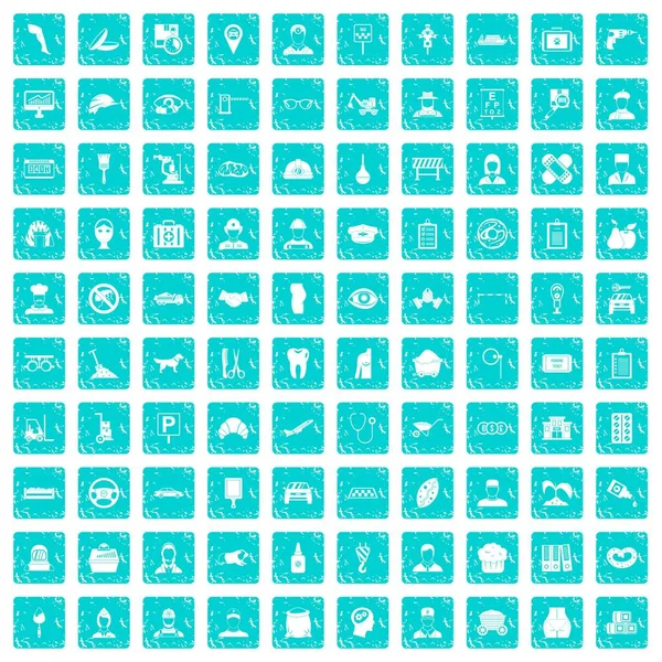 100 icônes de travail préférées bleu grunge — Image vectorielle