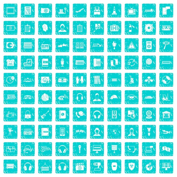 100 icônes casque ensemble Grunge bleu — Image vectorielle