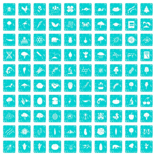 100 icone di microbiologia blu grunge set — Vettoriale Stock