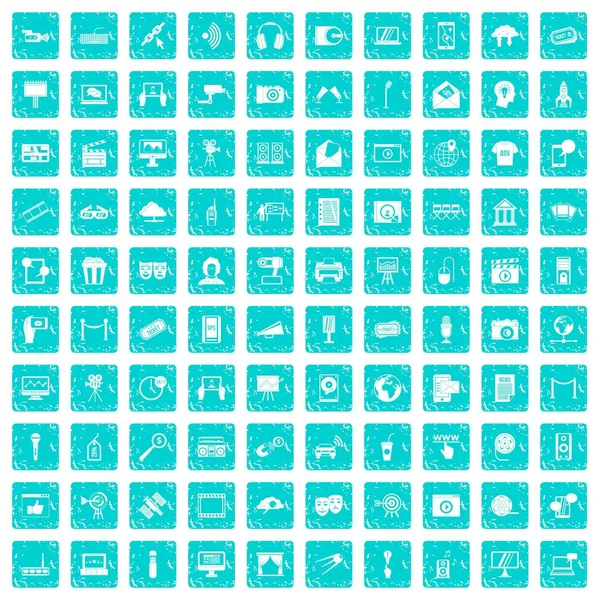 100 icônes multimédia bleu grunge — Image vectorielle