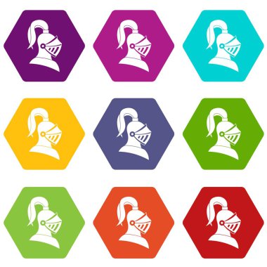 Renk altı yüzlü Ortaçağ kask Icon set