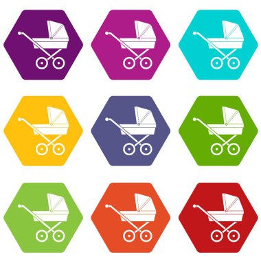 Renk altı yüzlü bebek arabası Icon set