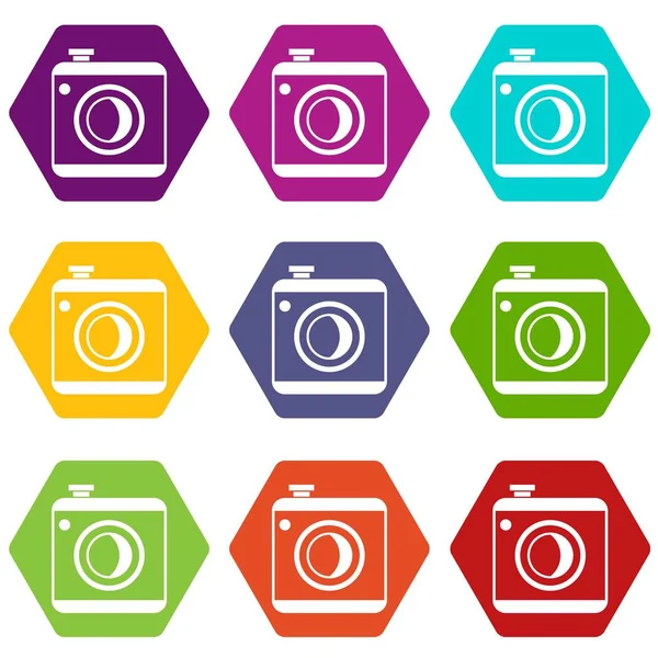Vintage photo camera icon set color hexaeder — Stockvektor