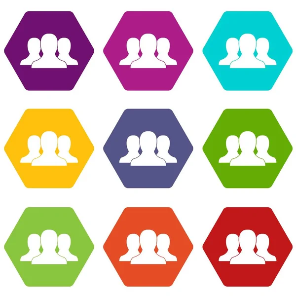 Group of people icon set color hexahedron — Stock Vector