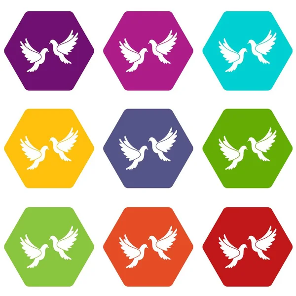 Wedding doves icon set color hexahedron — Stock Vector