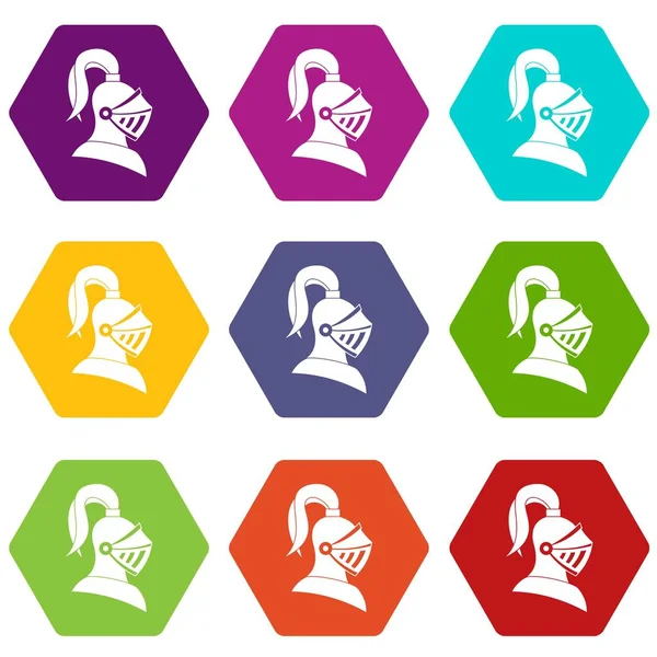 Renk altı yüzlü Ortaçağ kask Icon set