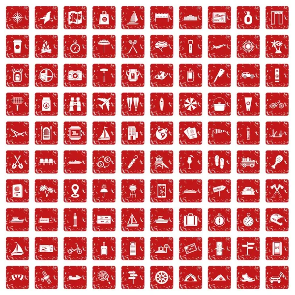 100 iconos de viaje conjunto grunge rojo — Vector de stock