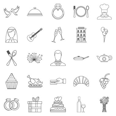 Ziyafet Icons set düğün, anahat stili