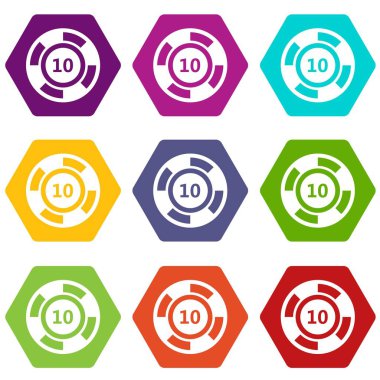 Renk altı yüzlü casino çip Icon set