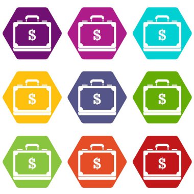 Renk altı yüzlü bavul dolusu para simgesi ayarla