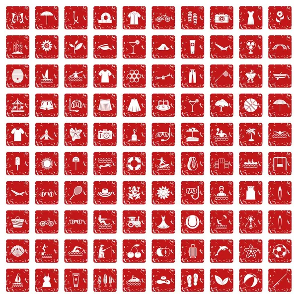 100 zomer pictogrammen instellen grunge rode — Stockvector