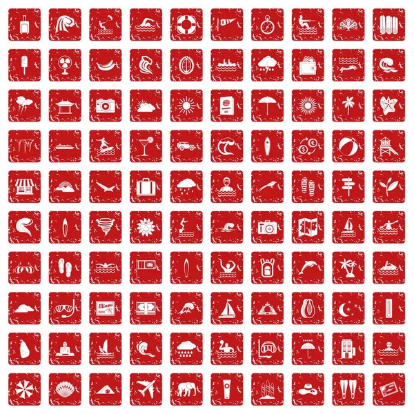 100 iconos de surf set grunge rojo — Archivo Imágenes Vectoriales