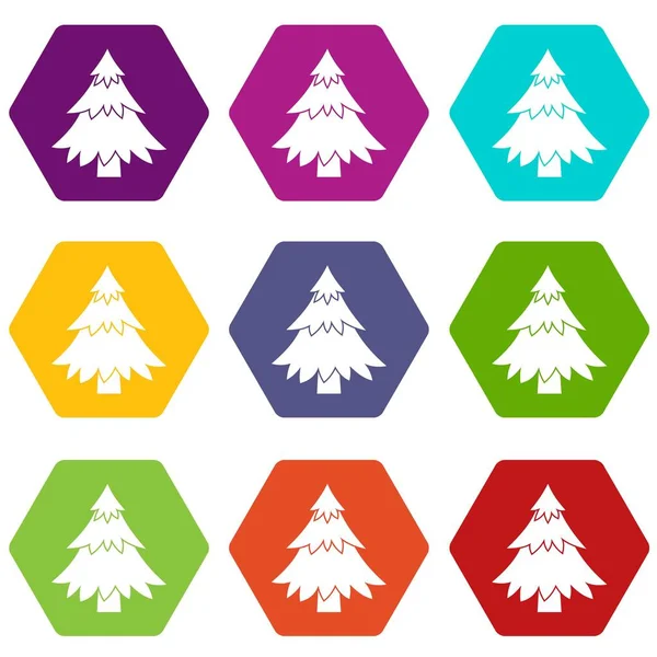 Conjunto de iconos de árbol de coníferas hexaedro de color — Archivo Imágenes Vectoriales