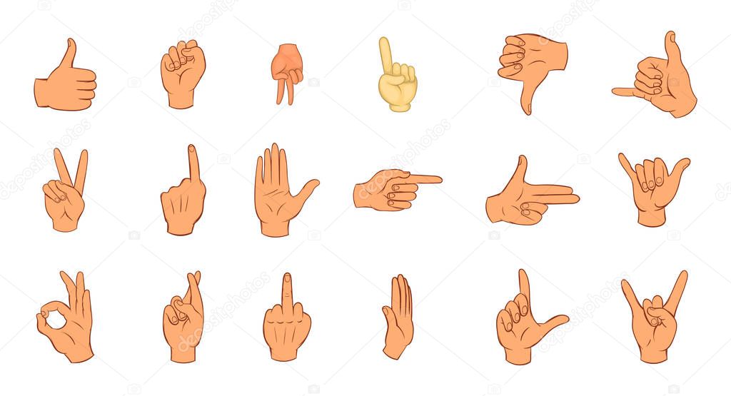Hand sign icon set, cartoon style