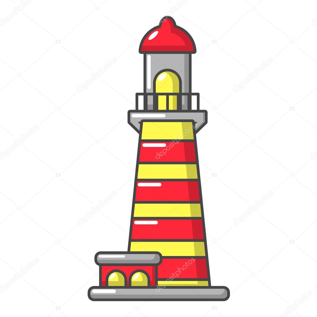 Striped lighthouse icon, cartoon style