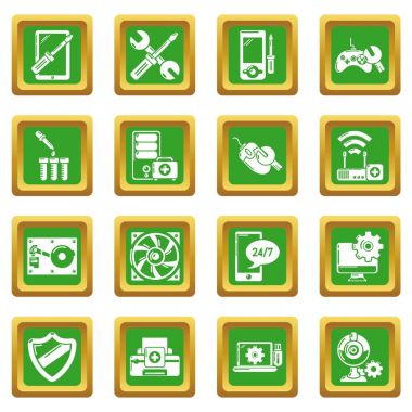 Yeşil kare vektör bilgisayar onarım servisi Icons set