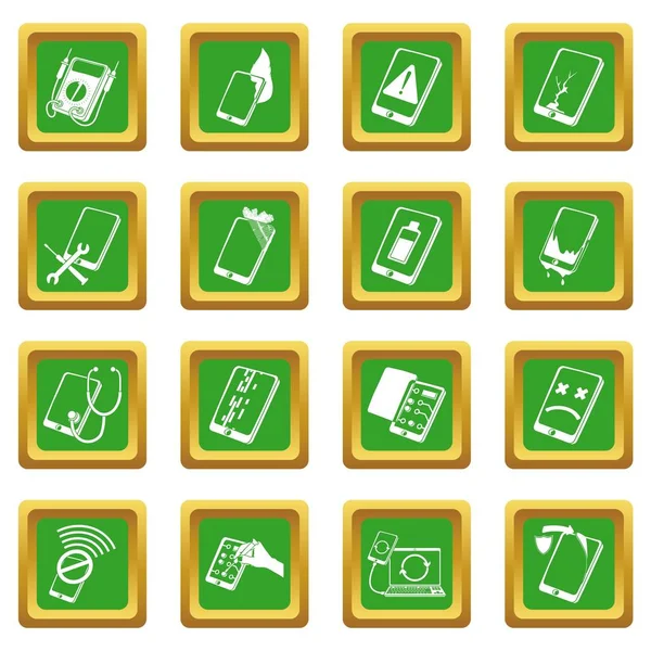Riparazione telefoni fissare icone impostare verde vettore quadrato — Vettoriale Stock