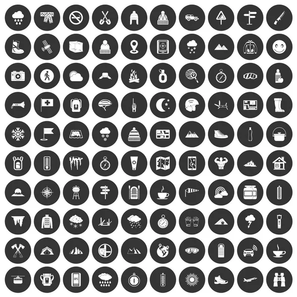 100 iconos de montañismo conjunto círculo negro — Archivo Imágenes Vectoriales