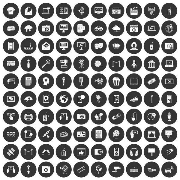 100 Multimedia-Icons setzen schwarzen Kreis — Stockvektor