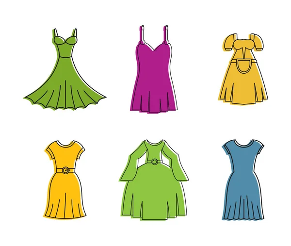 Conjunto de iconos de vestido, estilo de contorno de color — Vector de stock