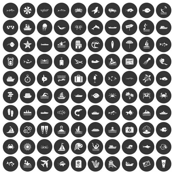 100 iconos del océano conjunto círculo negro — Vector de stock