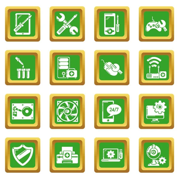 Iconos de servicio de reparación de computadoras conjunto verde cuadrado vector — Vector de stock