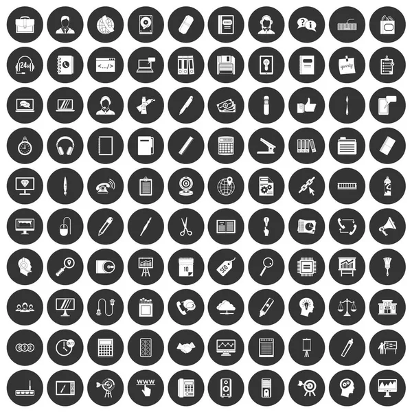 100 ícones de trabalho de escritório conjunto círculo preto — Vetor de Stock