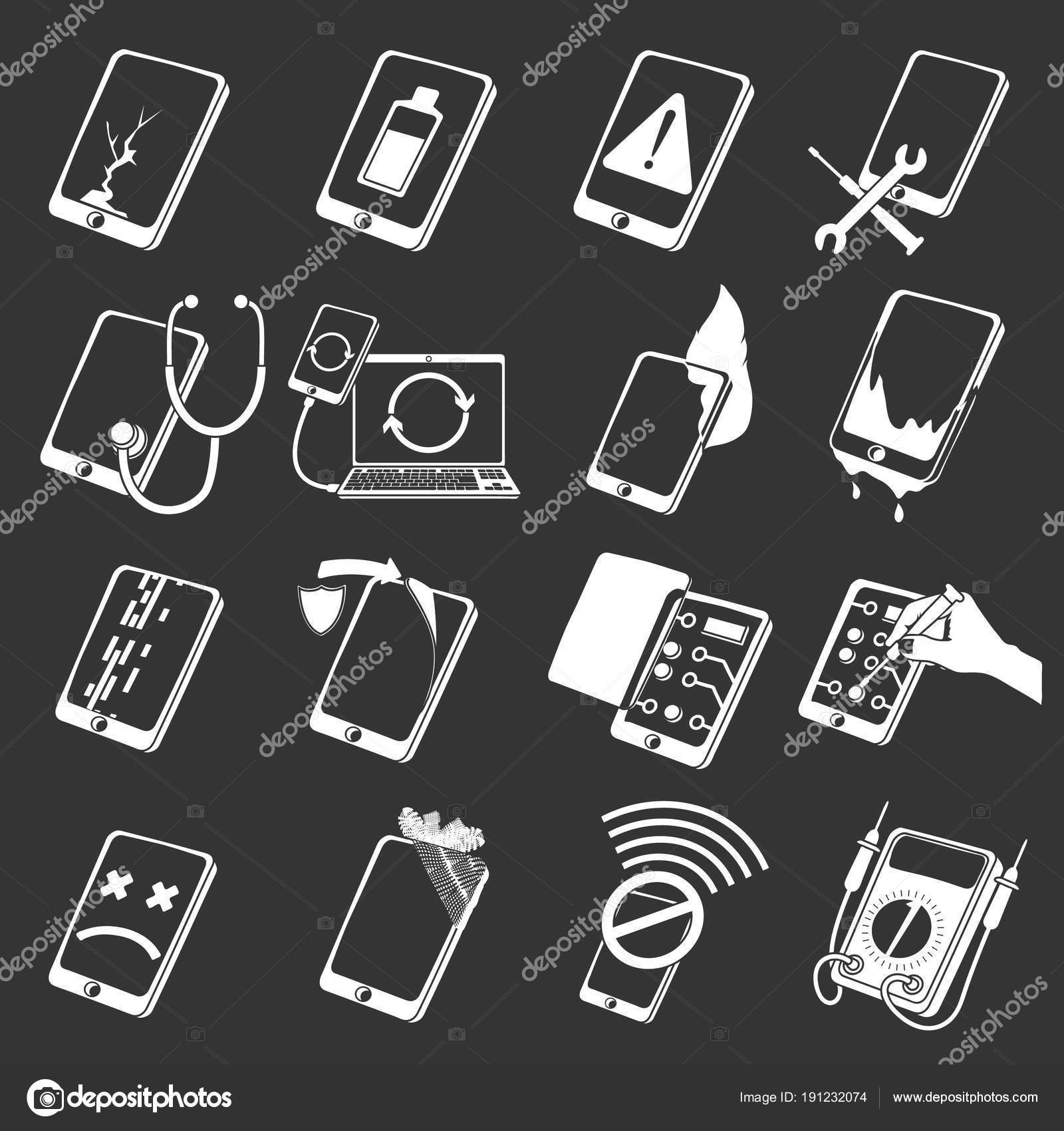 Trouvez Le Composant Manquant Sur Lillustration Reparar telefones corrigir ícones definir vetor cinza — Vetor de Stock