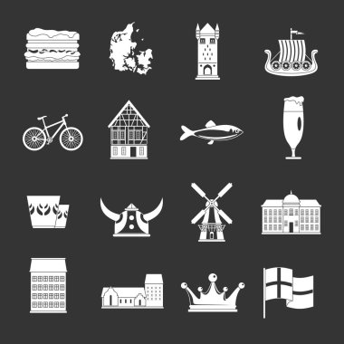 Gri vektör Danimarka seyahat Icons set