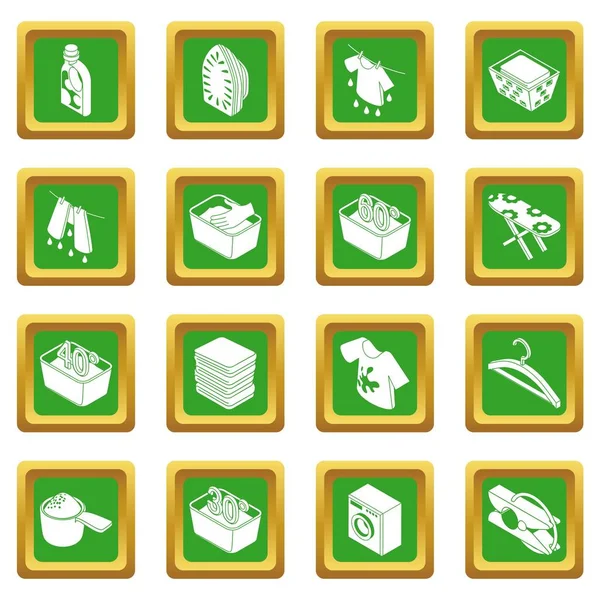 Iconos de lavandería conjunto verde cuadrado vector — Vector de stock