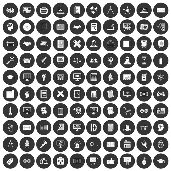 100 icônes plan mis cercle noir — Image vectorielle