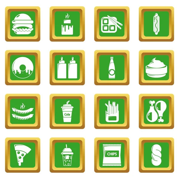 Iconos de comida rápida conjunto verde cuadrado vector — Vector de stock