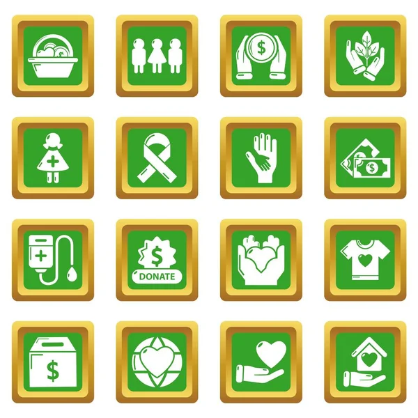 Ícones de caridade conjunto verde vetor quadrado — Vetor de Stock