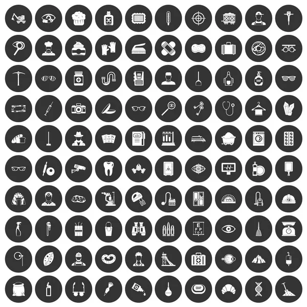 Siyah Daire 100 meslek Icons set — Stok Vektör