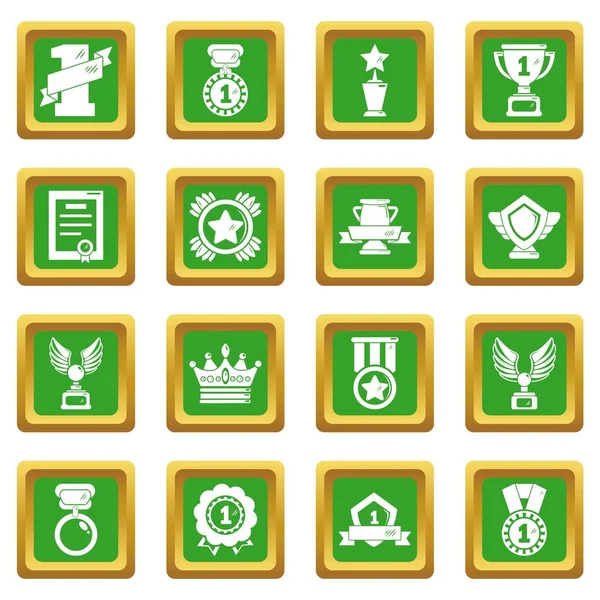 Premi medaglie tazze icone set verde vettore quadrato — Vettoriale Stock