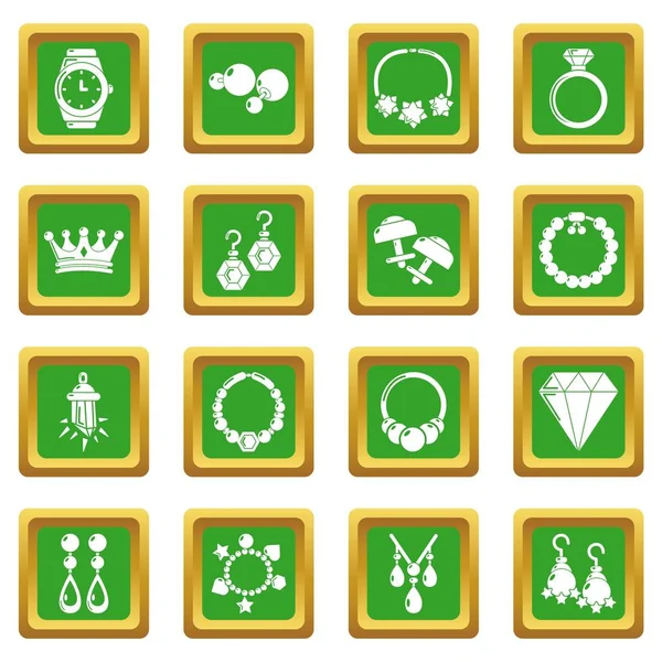 Tienda de joyería iconos conjunto verde cuadrado vector — Vector de stock