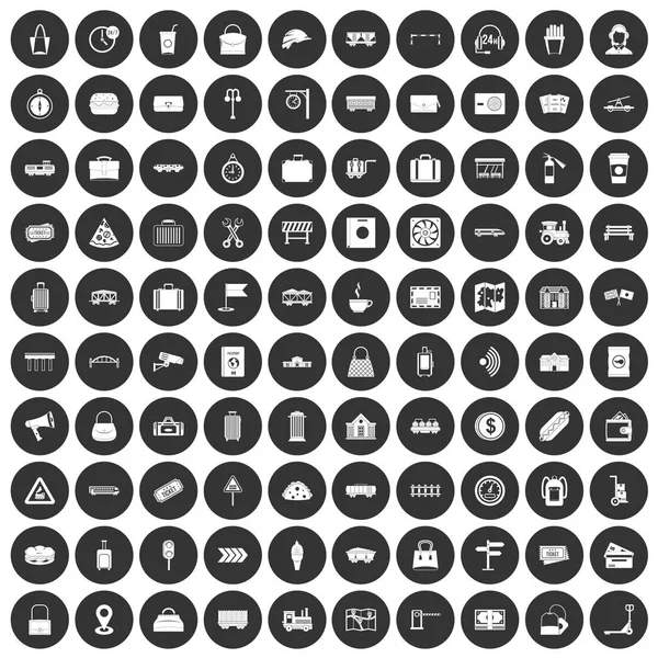 100 iconos del ferrocarril conjunto círculo negro — Vector de stock
