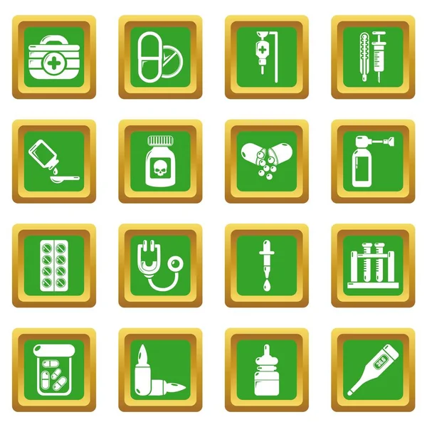 Drug medicine icons set green square vector — Stock Vector